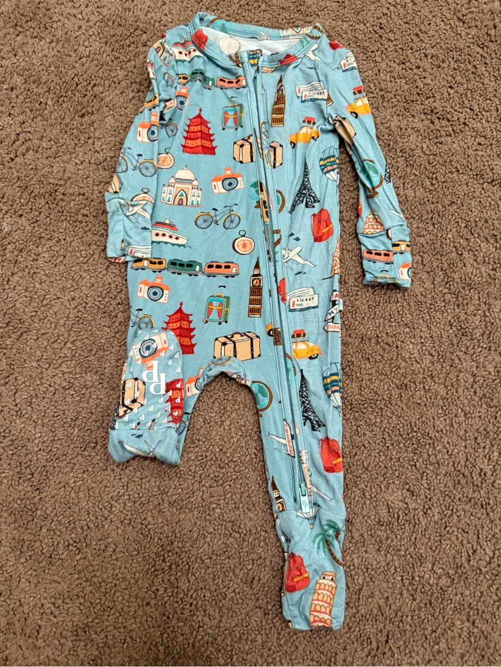 Posh Peanut Light Blue Travel Print Footed One-Piece
